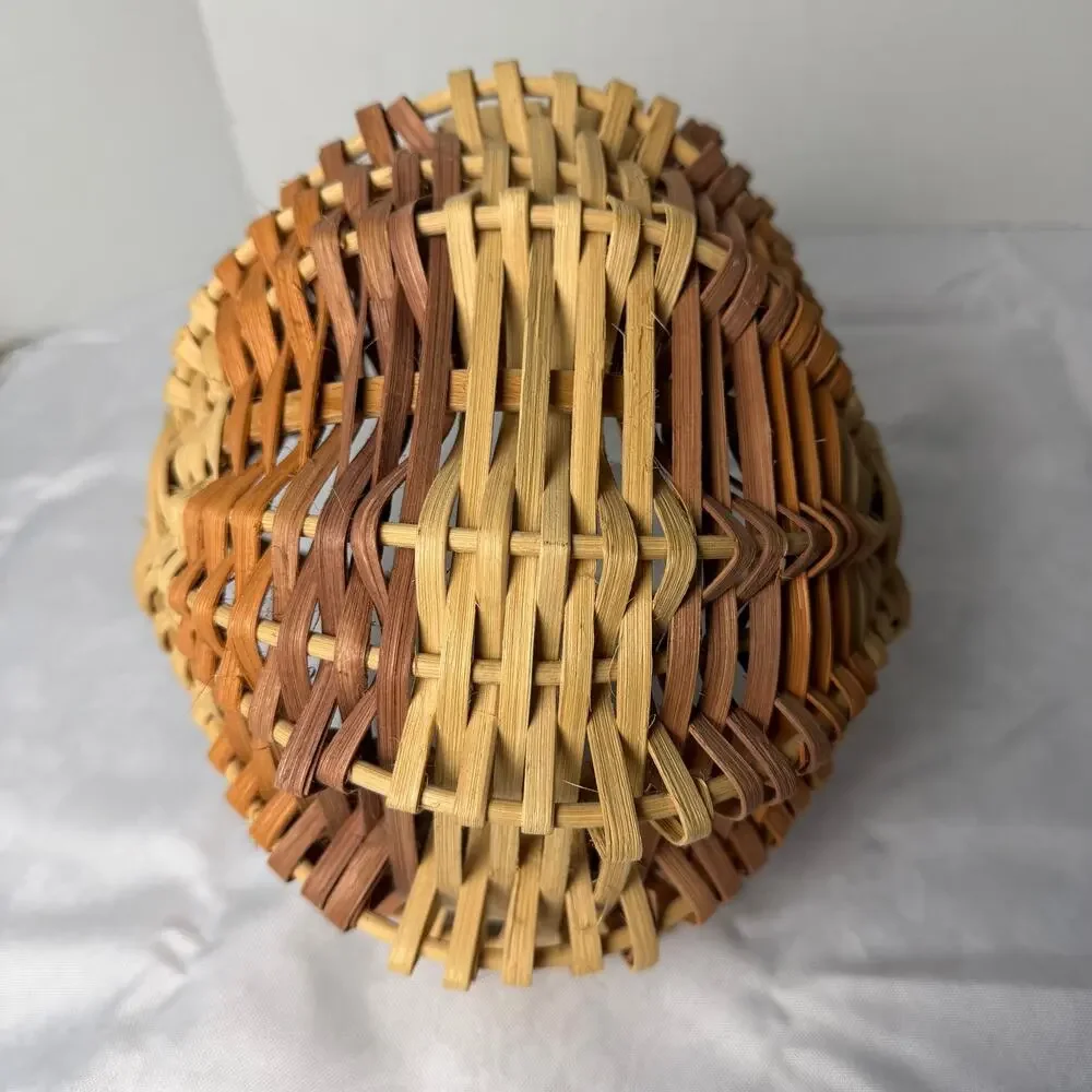 Handwoven Star Base Flat Reed Basket Two Tone Open Weave Bentwood Handle Artisan
